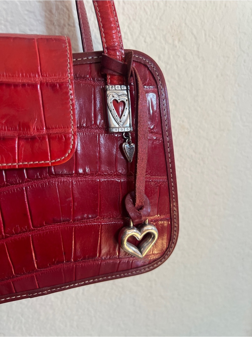 Brighton Greta Red Croc Embossed Leather Shoulder Bag | Silver Heart Hardware - Picture 3 of 9